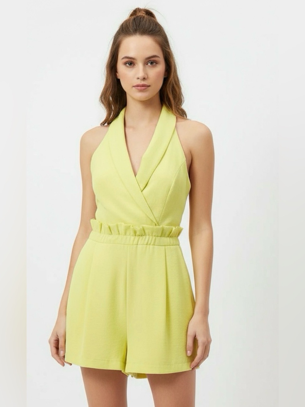 Sunny Yellow Halter Romper Women’s Size Small Open Back Flowy Dressy Chic